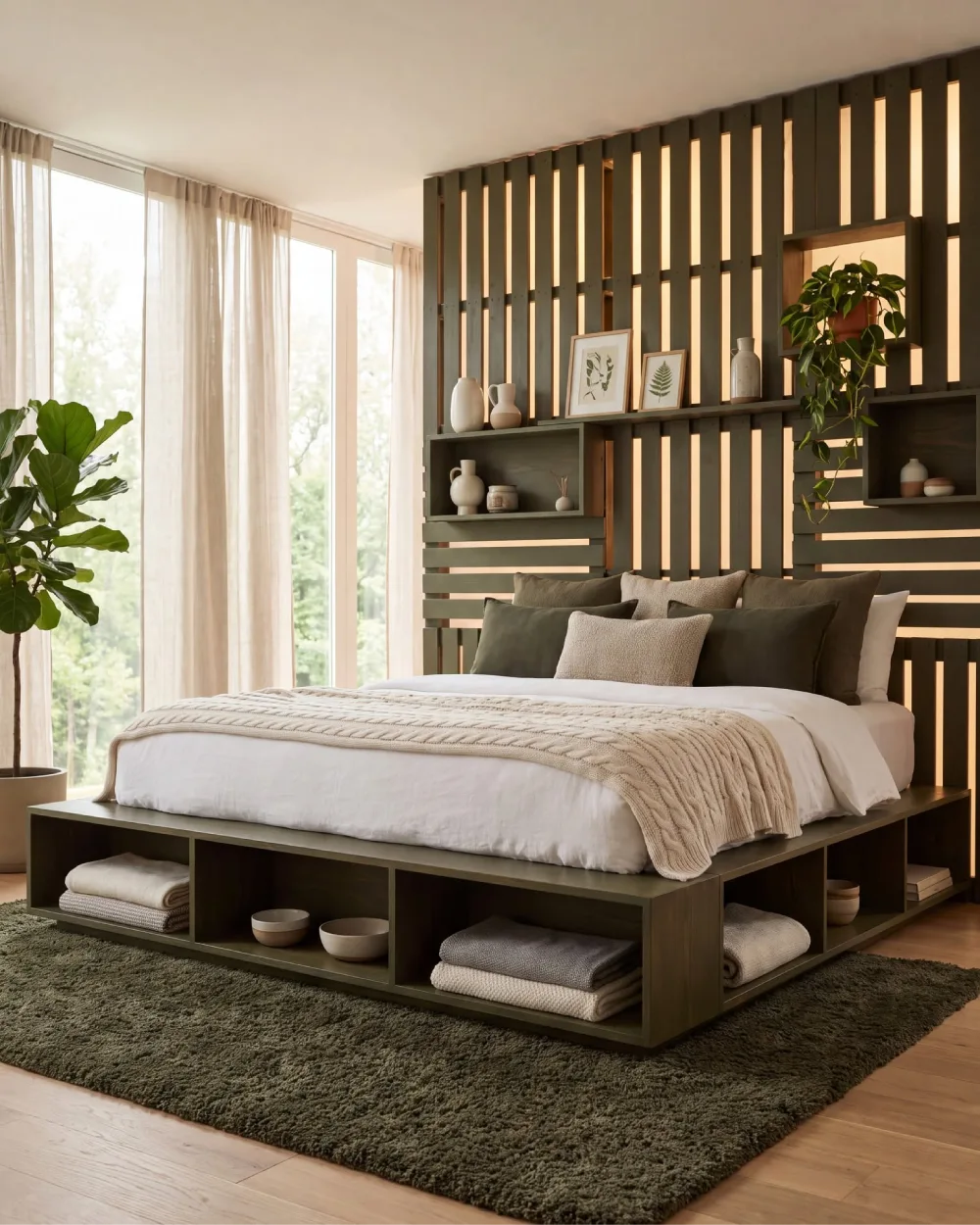 Modern bedroom with an olive green slatted accent wall, built-in display shelves, a platform bed with open storage compartments, neutral bedding, and large windows.