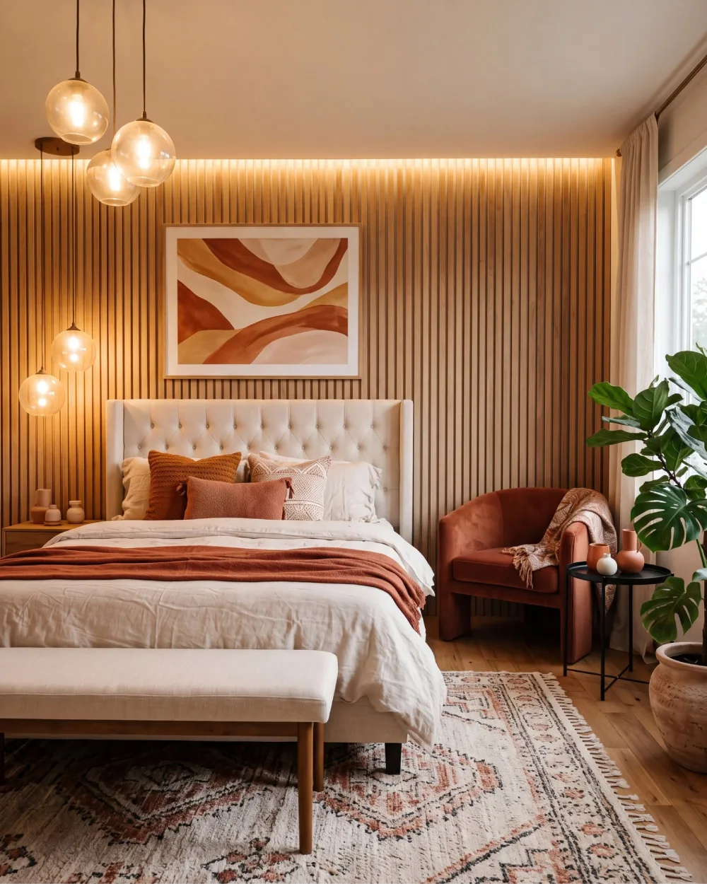 Cozy bedroom with a wood slat accent wall, cream tufted headboard, terracotta bedding and pillows, warm pendant lights, and a rust-colored accent chair.