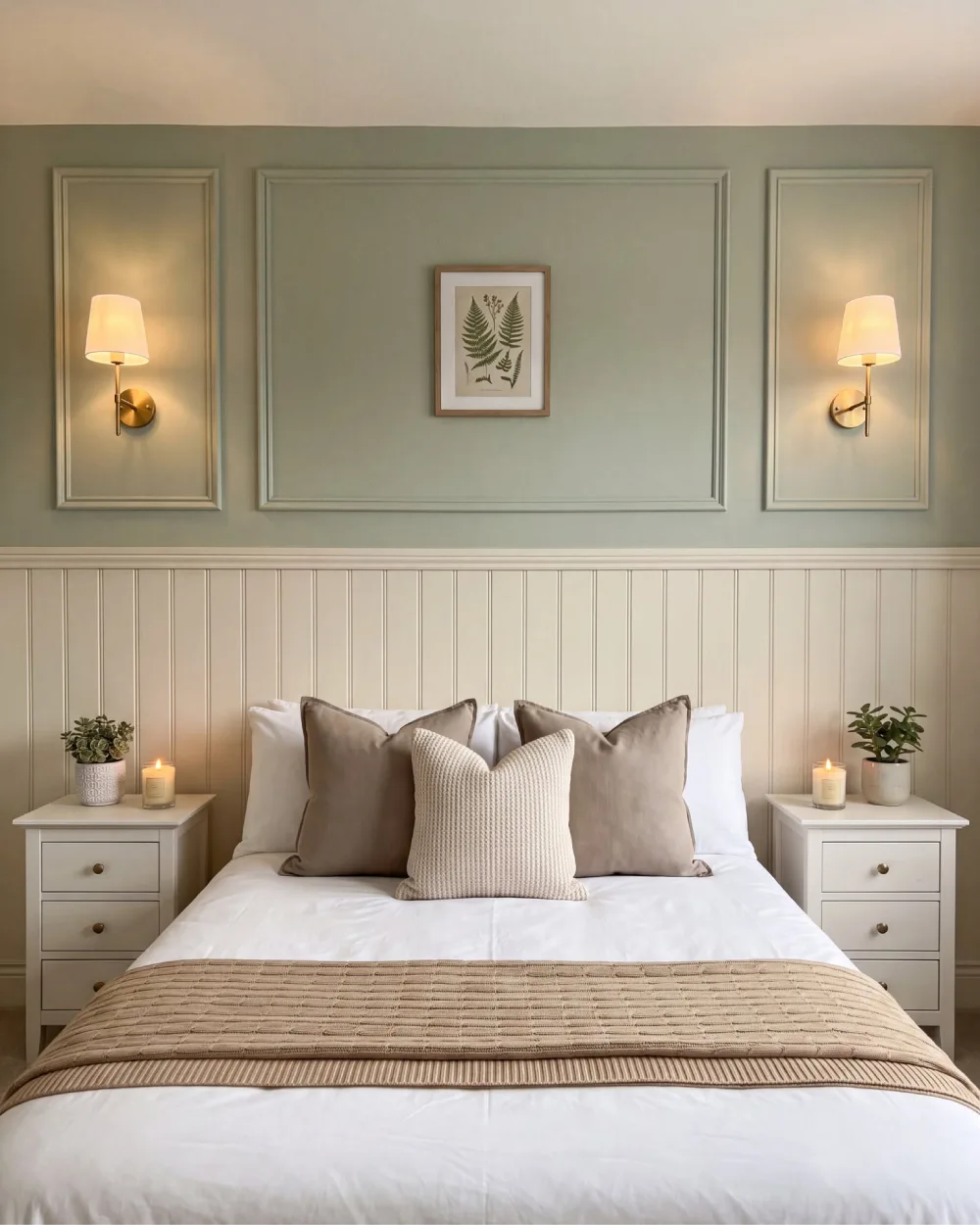 Elegant sage green bedroom with decorative wall molding, cream beadboard paneling, white bedding, beige accent pillows, matching white nightstands, and brass wall sconces.