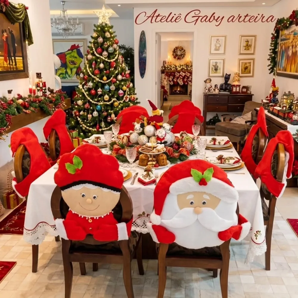 Playful Christmas dining room with Santa chair covers, red decorations, and a decorated Christmas tree