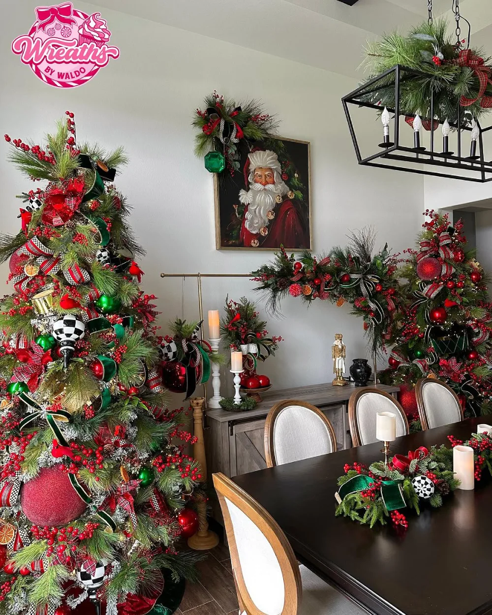 Traditional winter dining room with a candlelit table, Christmas tree, dark wood furniture, and elegant decor