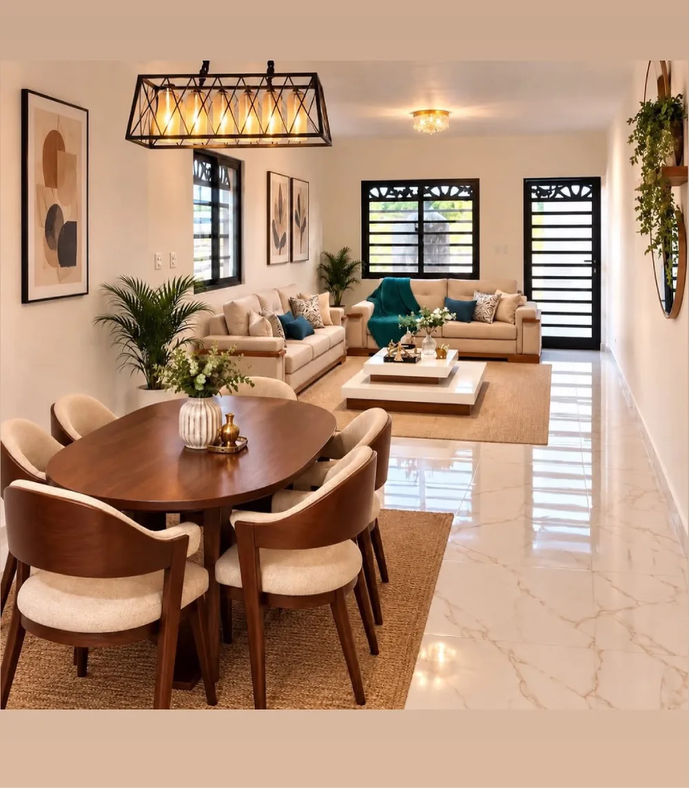 Open dining and living room with a round dark wood table, cream chairs, and teal accents