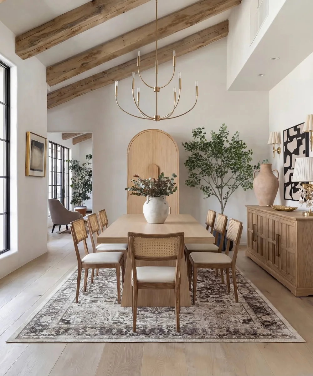 Dining room with exposed wood ceiling beams, a light wood table, cane chairs, and a brass chandelier