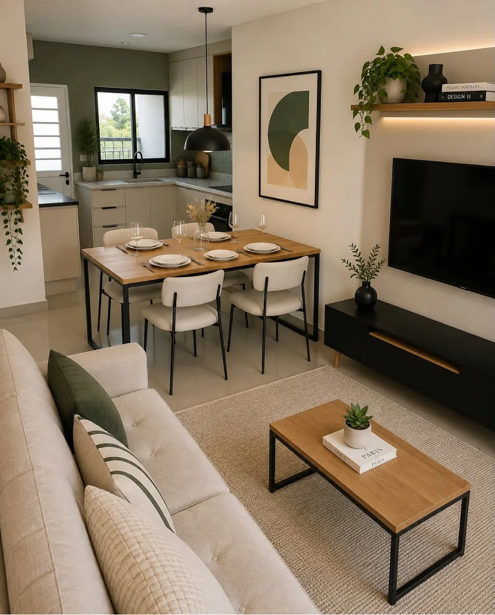 Compact dining area beside a modern kitchen with a wood table, cream chairs, and green accent wall