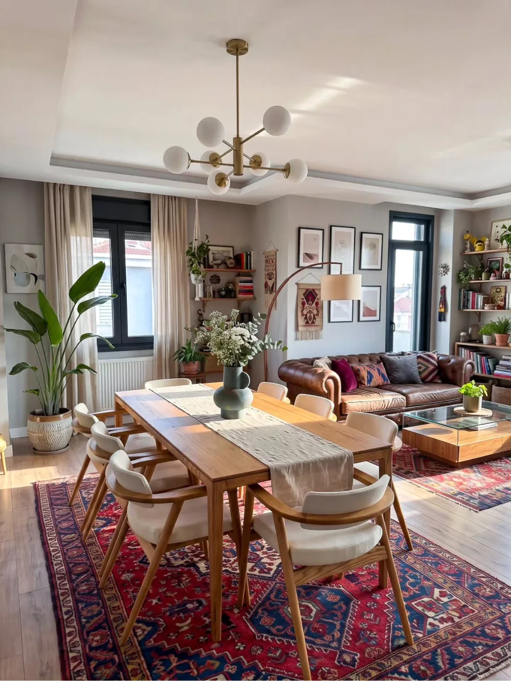 Warm open-concept dining room with a long wood table, white chairs, patterned rug, and adjoining living room