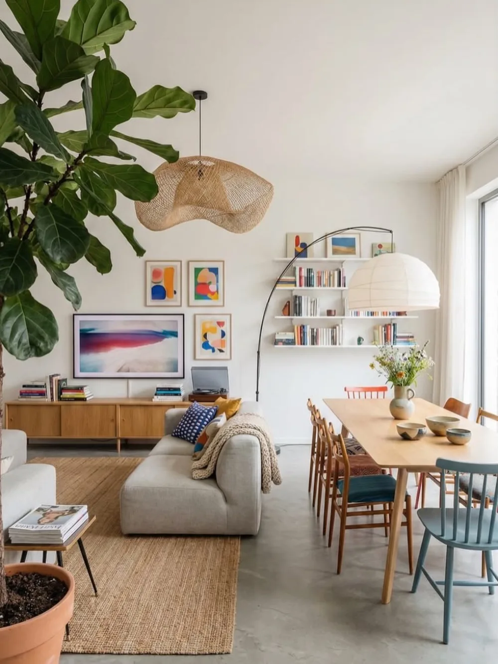 Bright open dining and living room with a wood dining table, colorful chairs, large plant, and woven pendant light