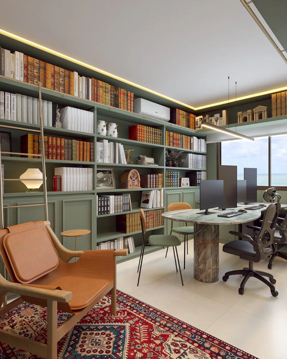 green built-in bookshelf with books, lighting, and multiple home office desks