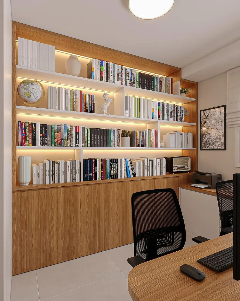 wood home office bookshelf with warm lighting, books, and closed storage