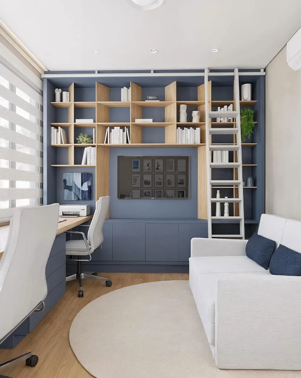 large wood built-in bookshelf with two home office workstations