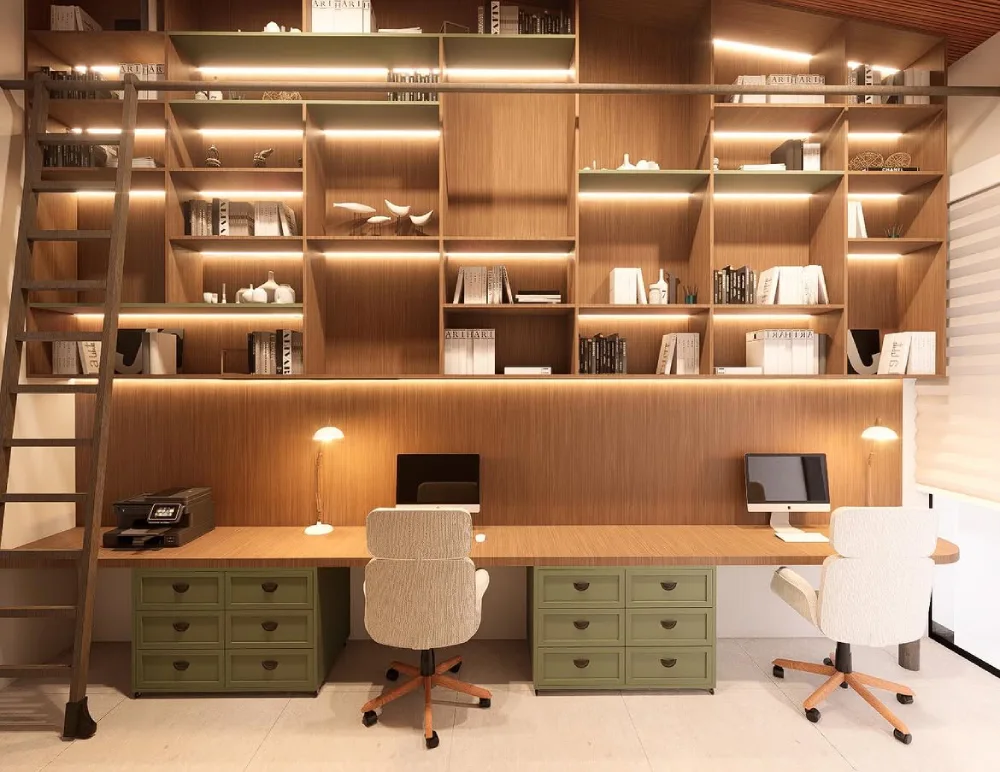 compact home office desk with open bookshelves and decorative storage