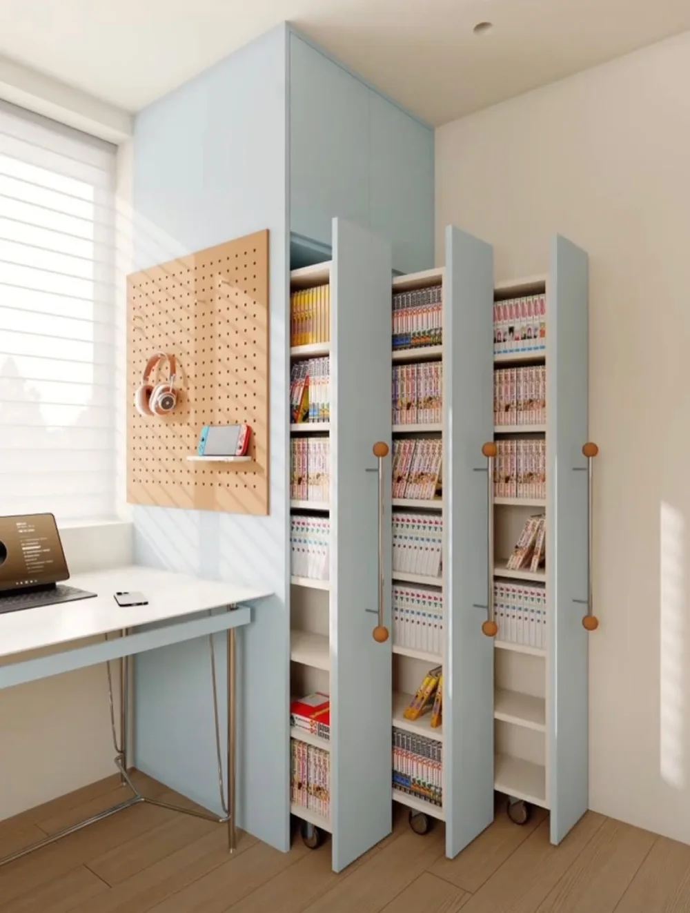 slim rotating bookshelf filled with books beside a home office desk
