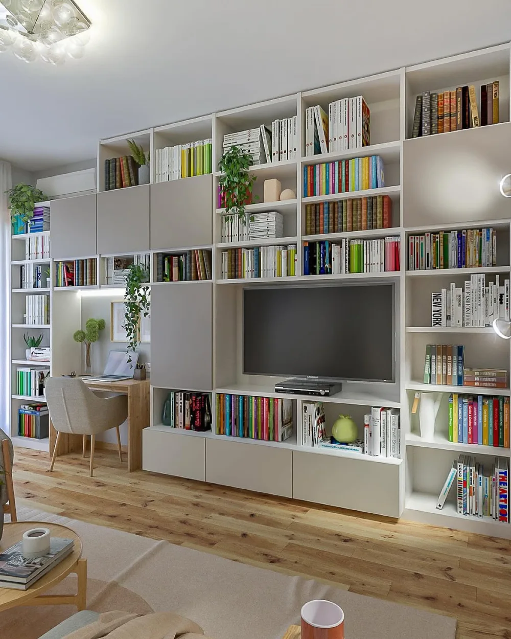 large white wall bookshelf with books, cabinets, and a television