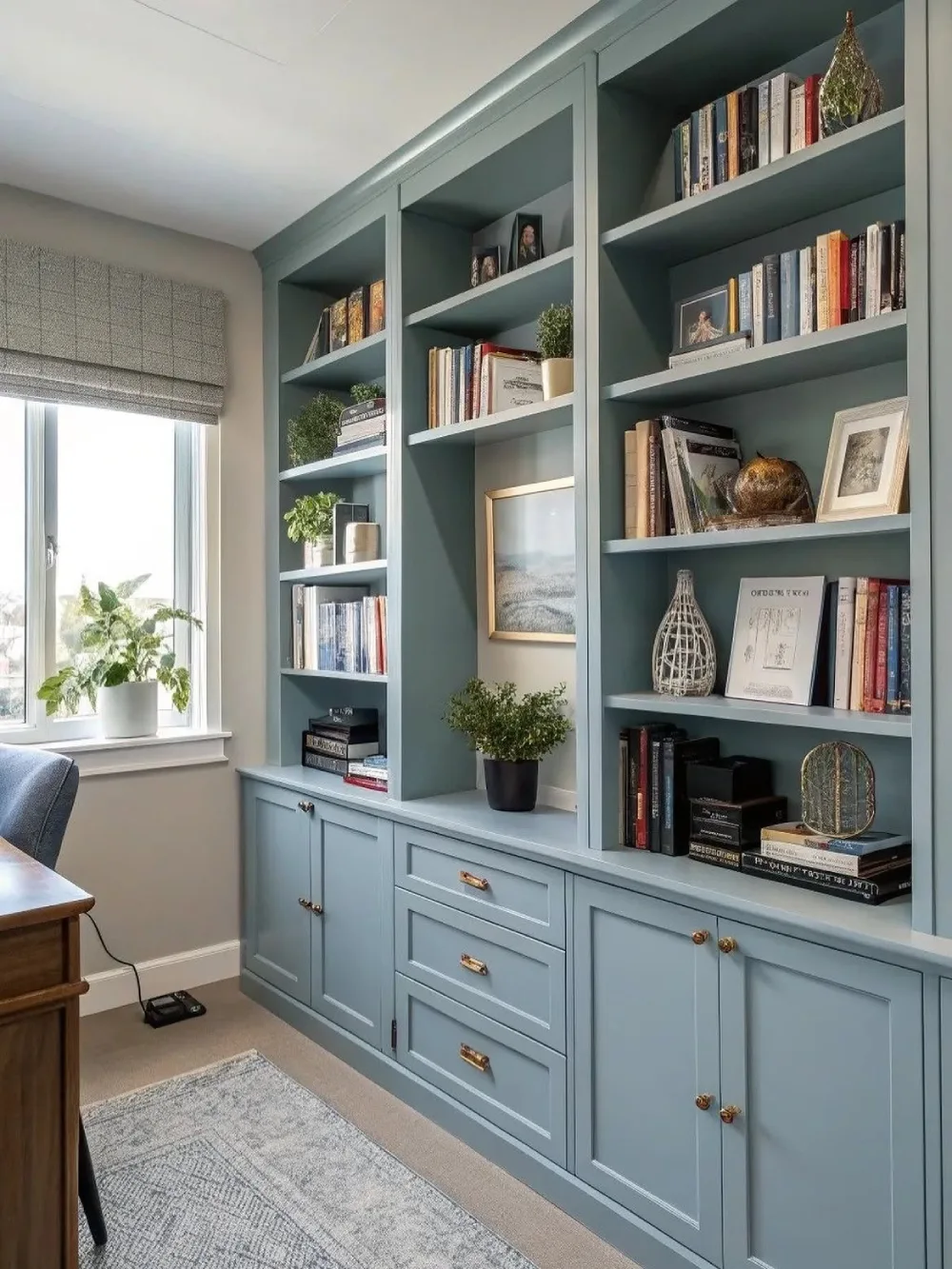 soft blue built-in bookshelf with books and decorative objects