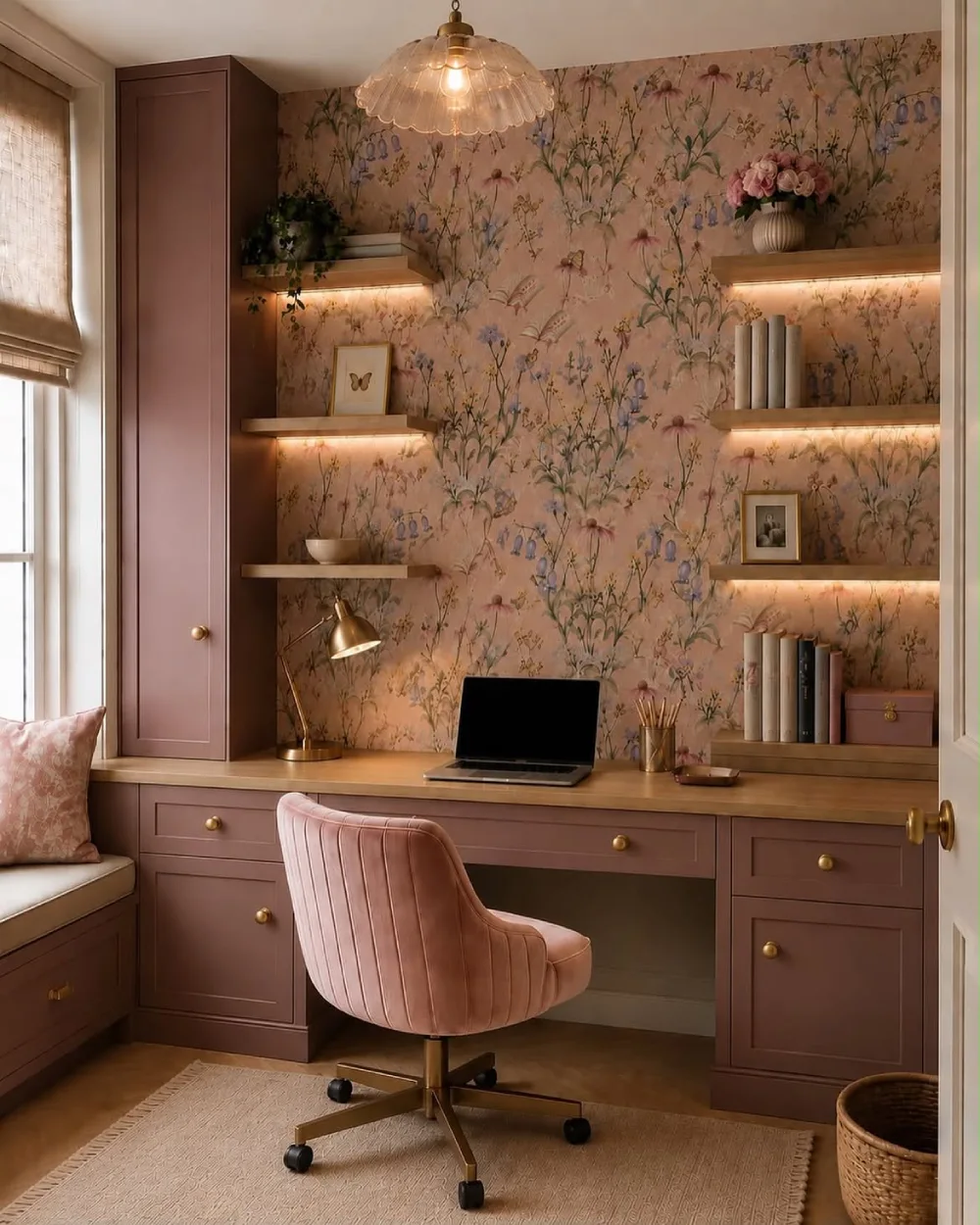 pink wallpapered home office with floating bookshelves and built-in desk