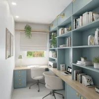 Blue built-in bookshelf with a wood desk, books, plants, and two white office chairs in a bright home office.