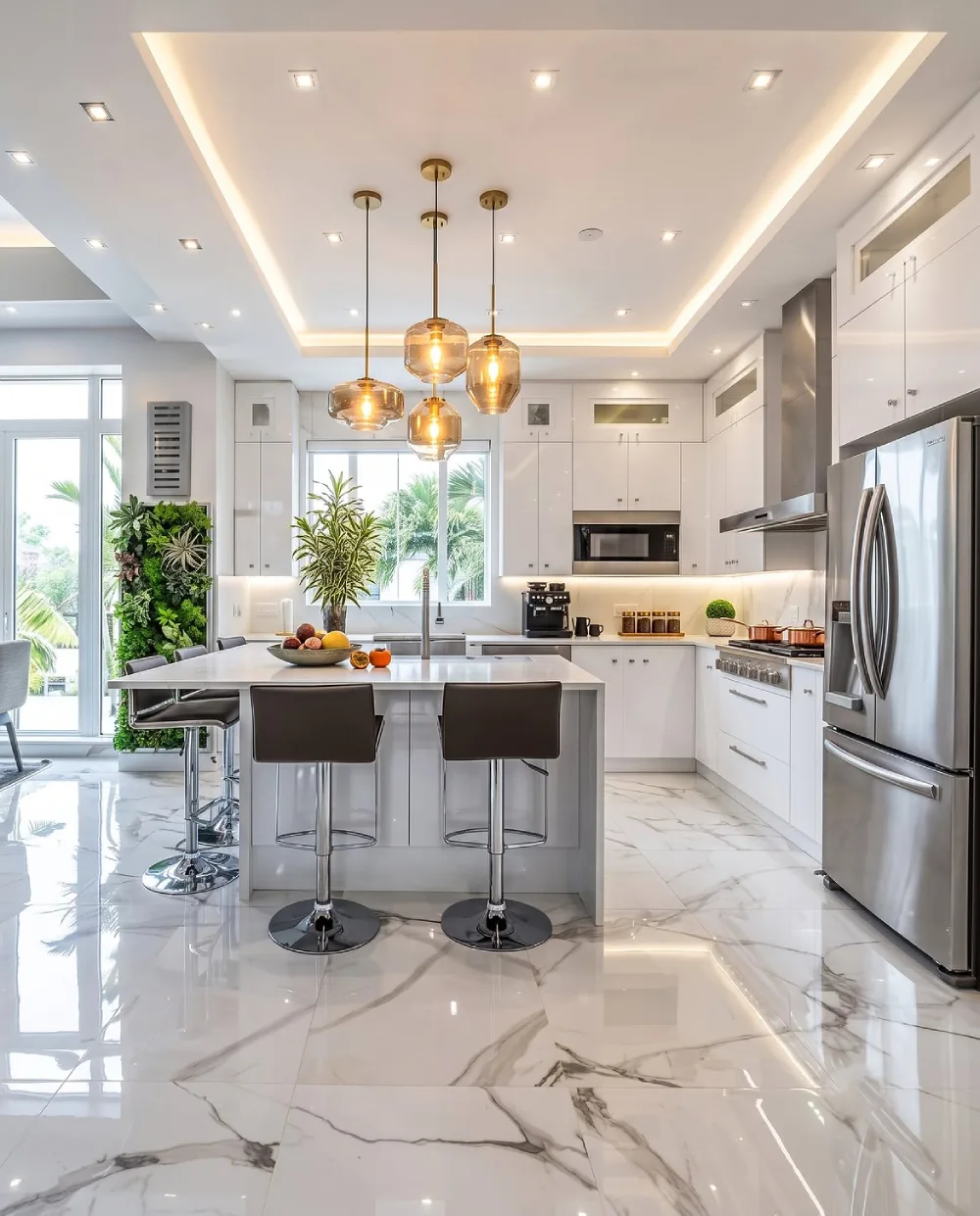bright white open-concept kitchen with marble flooring and a large island