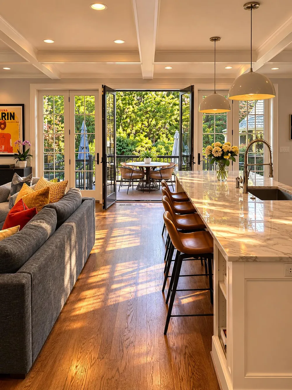open-concept kitchen with marble island, wood flooring, and garden doors