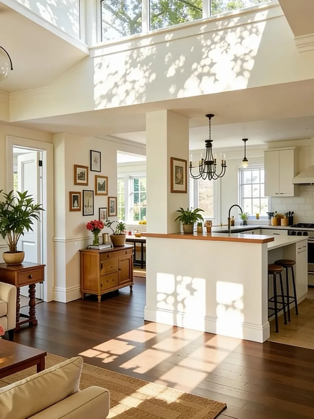 open-concept kitchen with partial wall, wood countertop, and connected dining area