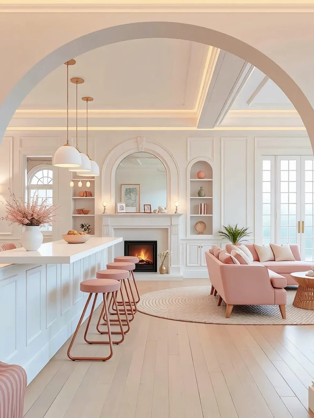 open-concept kitchen and living room with pink seating and white built-in cabinetry