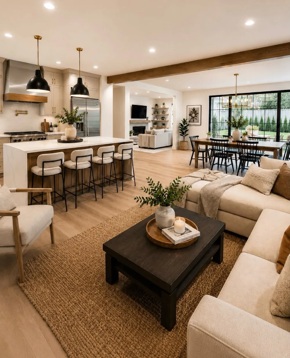 open-concept kitchen with white island, black pendant lights, and cozy living room