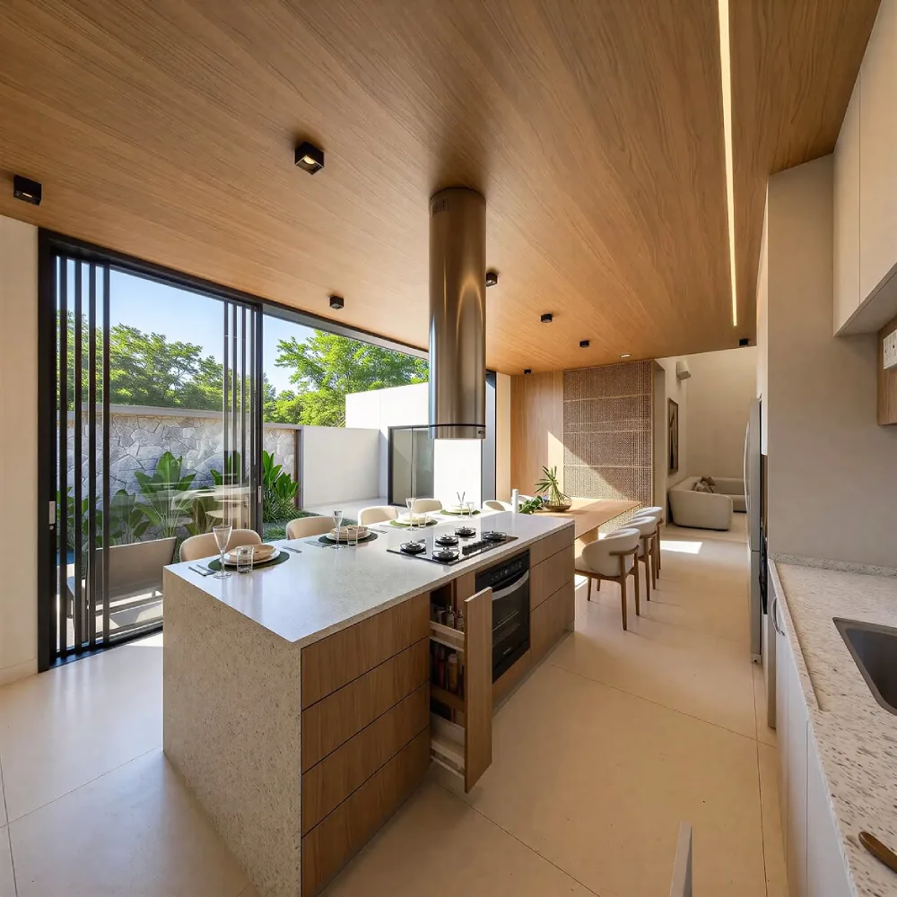 modern open-concept kitchen with wood cabinetry, island, and warm wood ceiling