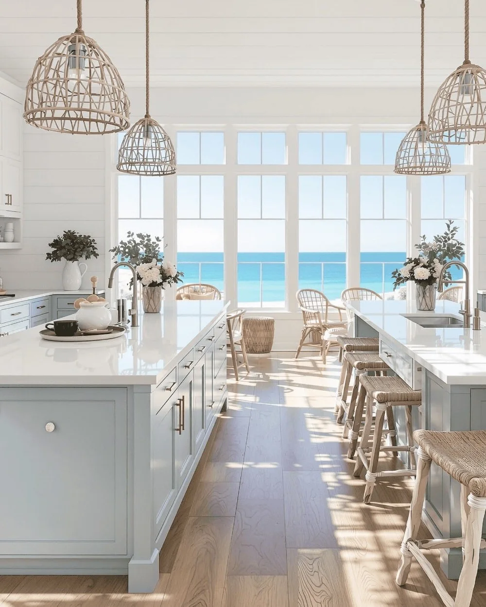 coastal open-concept kitchen with white islands and ocean view