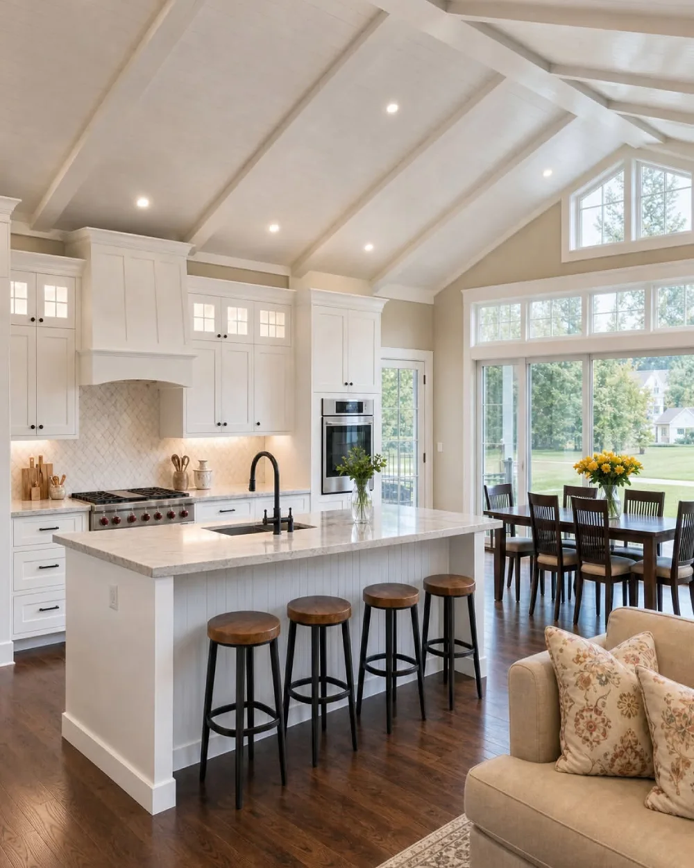 open-concept kitchen with large island and adjoining dining and living areas