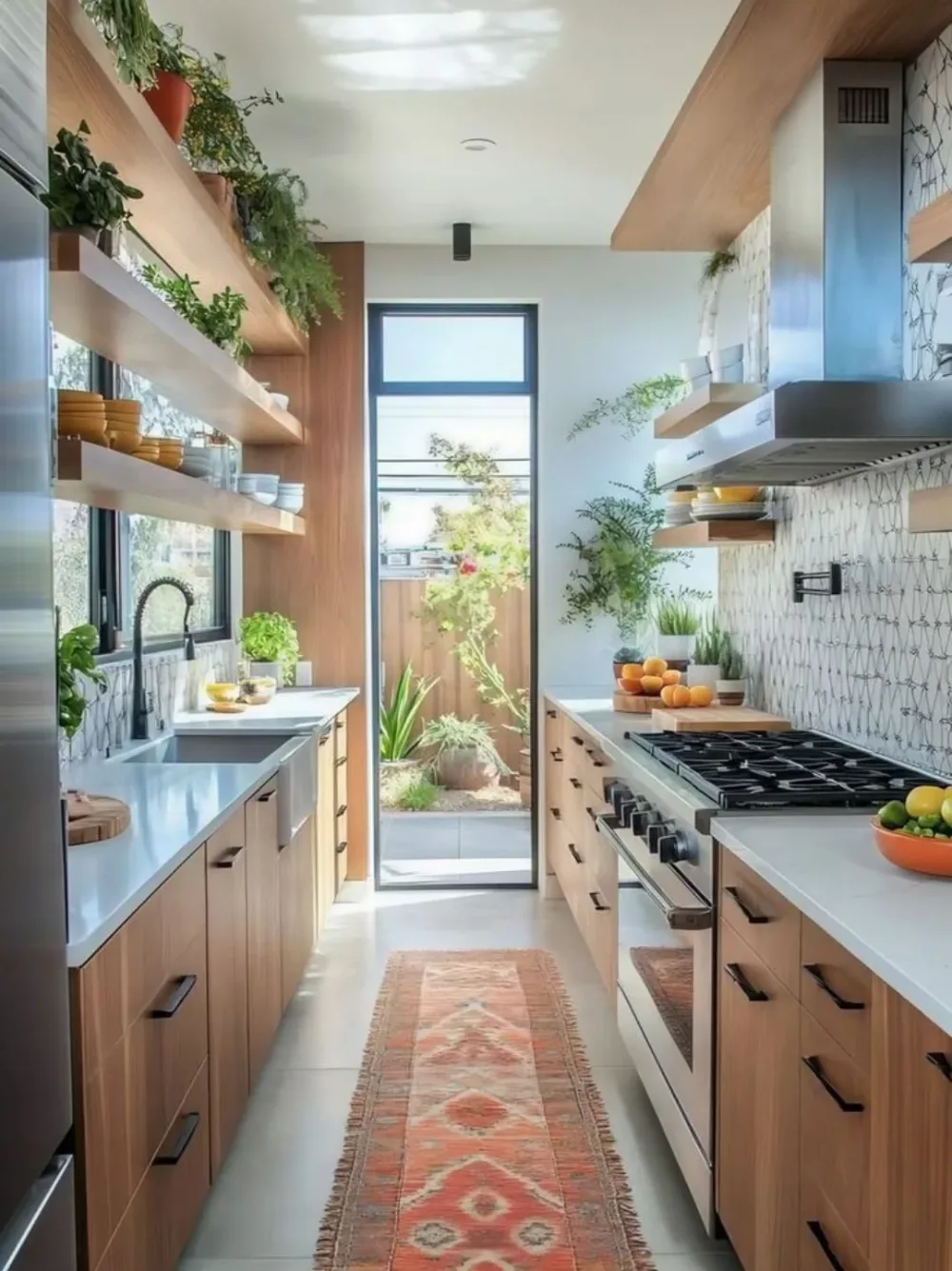 Compact kitchen with sage green cabinets, wood details, and a multifunctional island
