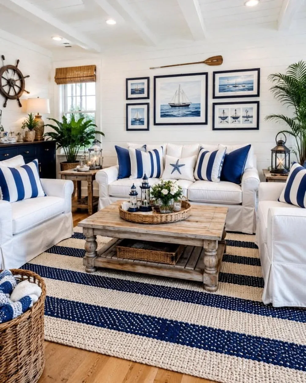 Classic coastal living room with navy and white striped rug, white sofas, and nautical artwork