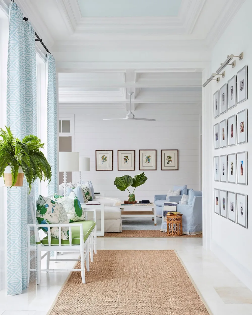 Airy coastal living room with white furniture, blue curtains, green plants, and natural fiber rugs