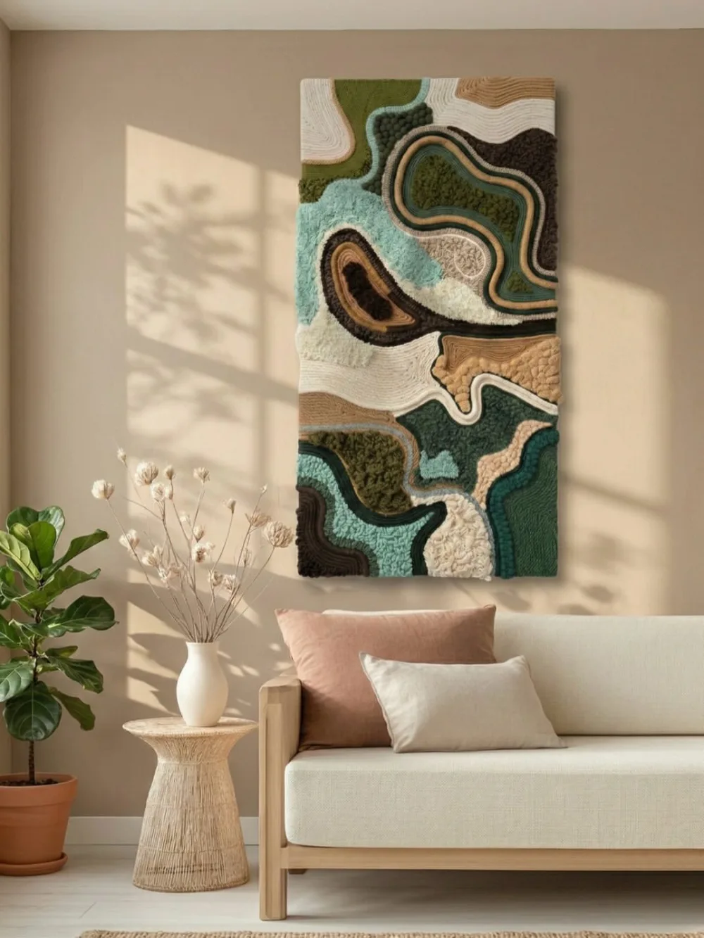 Textured tapestry hanging above a neutral living room sofa