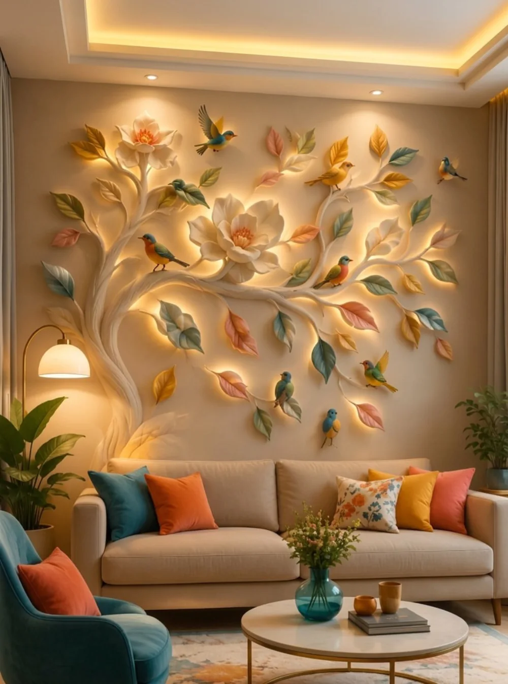 Colorful sculptural wall decor featuring flowers, leaves, and birds