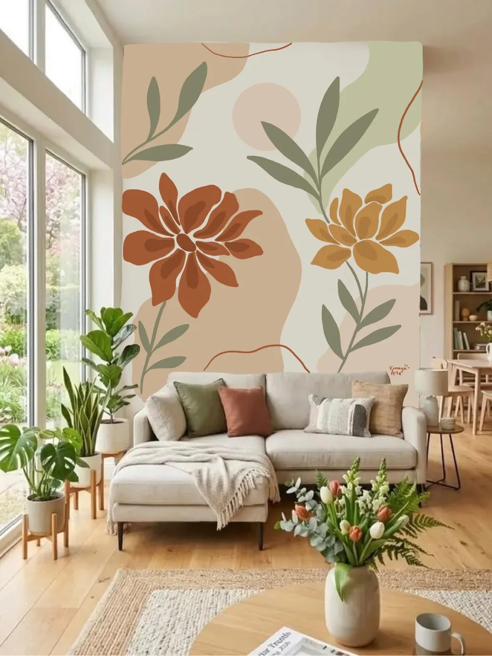 Living room with colorful botanical wallpaper behind a sofa