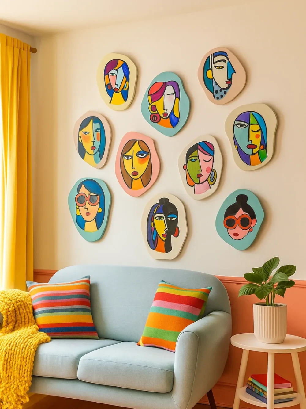 Living room with colorful wall art and a sculptural blue sofa