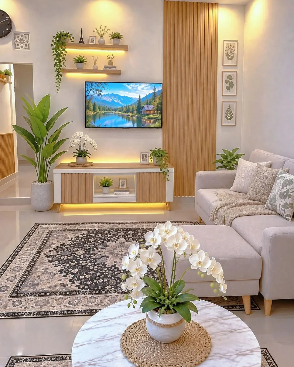 Living room with warm wood wall paneling and built-in lighting
