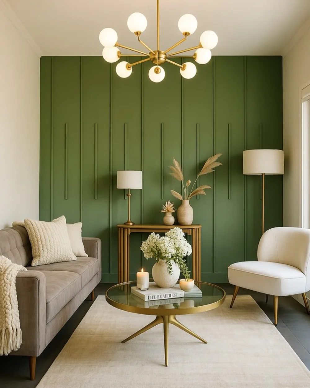 Living room with a deep green accent wall and elegant furniture