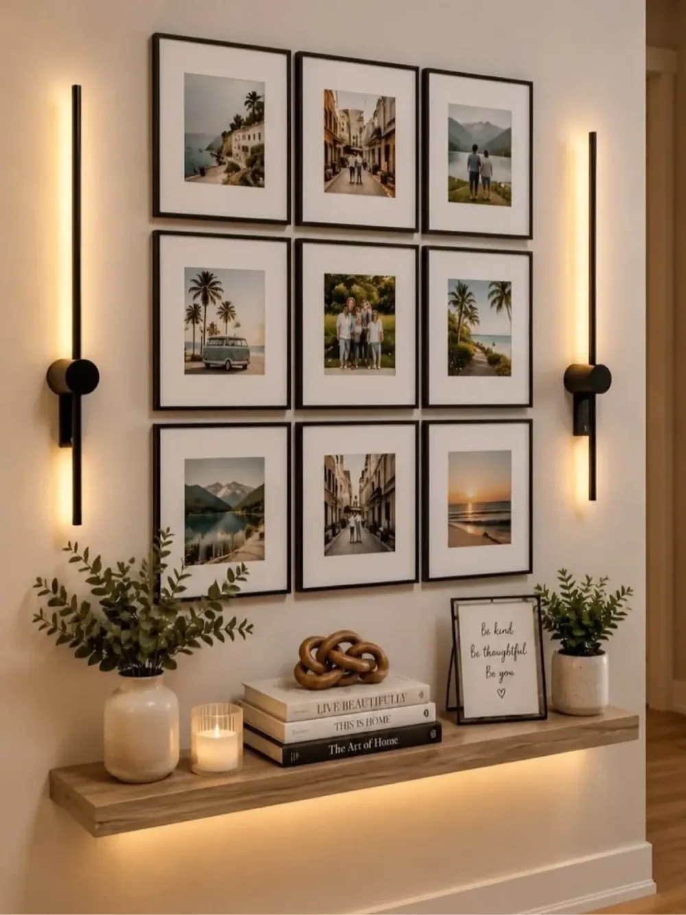 Living room wall with a symmetrical arrangement of framed photographs