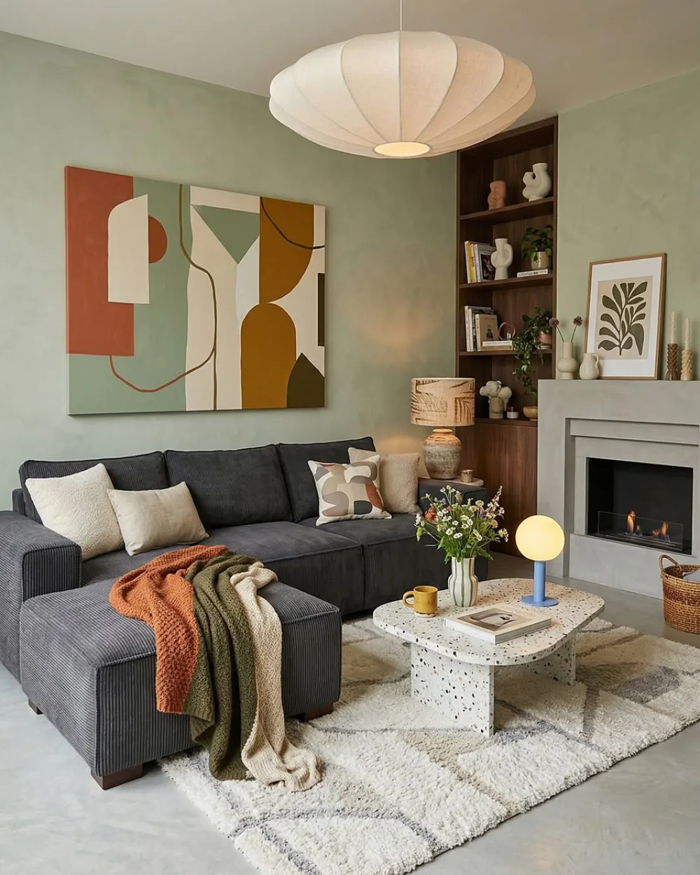 Dark gray sectional with earthy green and rust accents in a modern living room