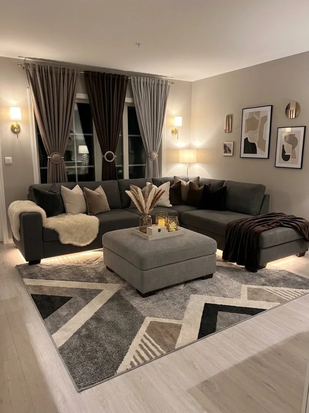 Dark gray sectional with taupe pillows, geometric rug, and layered neutral curtains