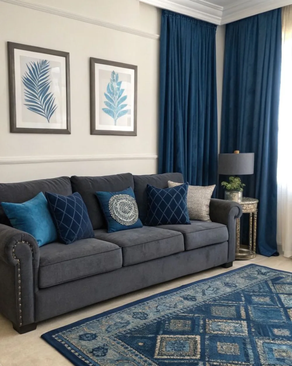 Dark gray sofa styled with blue pillows, blue curtains, and a patterned blue rug