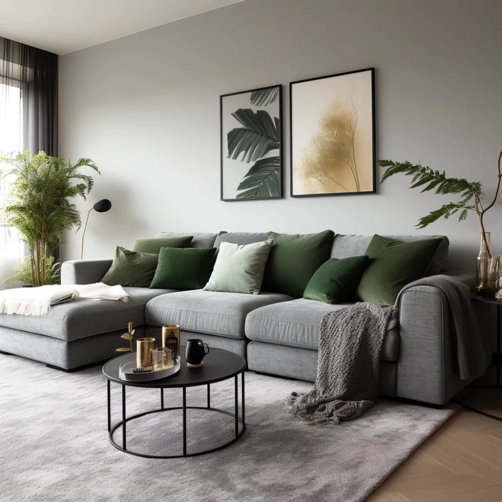 Light gray sectional with deep green pillows, leafy artwork, and houseplants