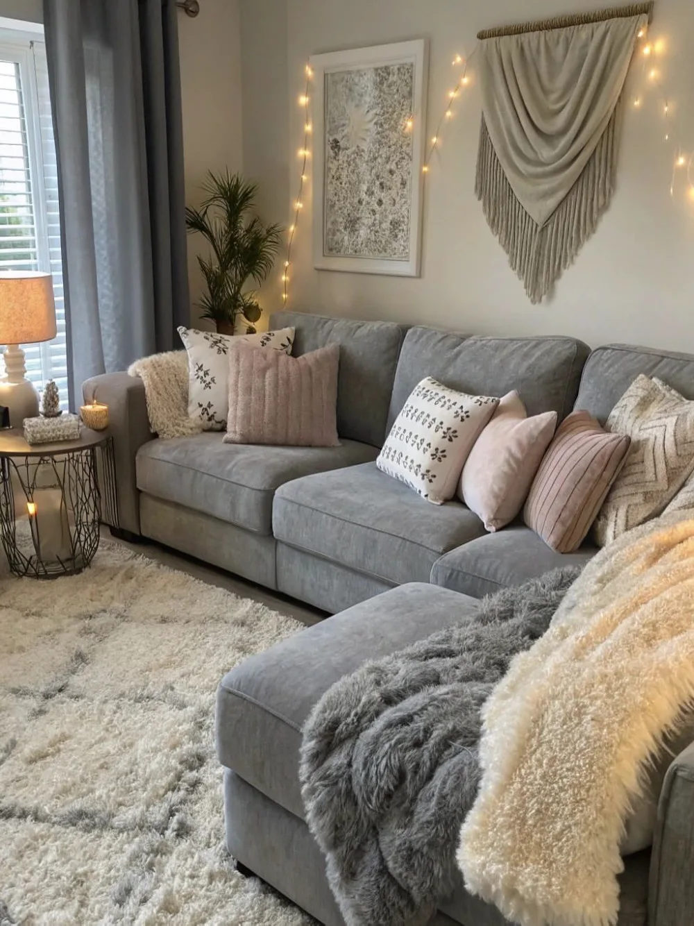 Light gray sectional with blush pillows, fluffy throws, and warm string lights