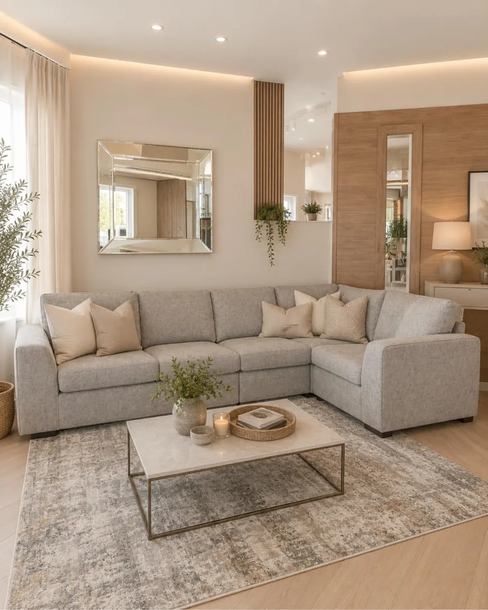 Light gray sectional with cream pillows, wood paneling, and neutral decor