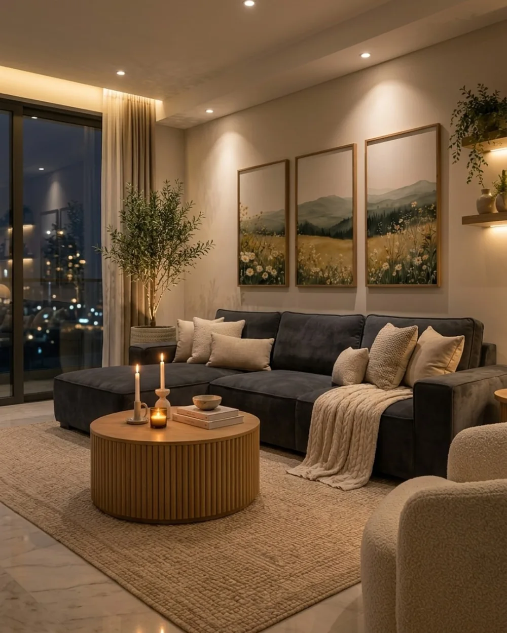 Dark gray sectional with cream pillows, warm wood coffee table, and soft evening lighting