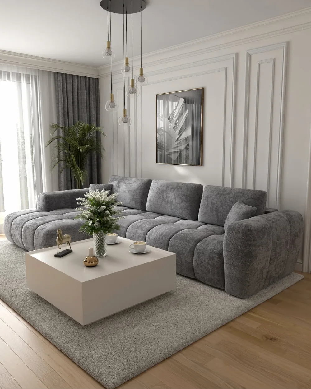 Gray sectional sofa with a cream coffee table, paneled walls, and soft neutral decor