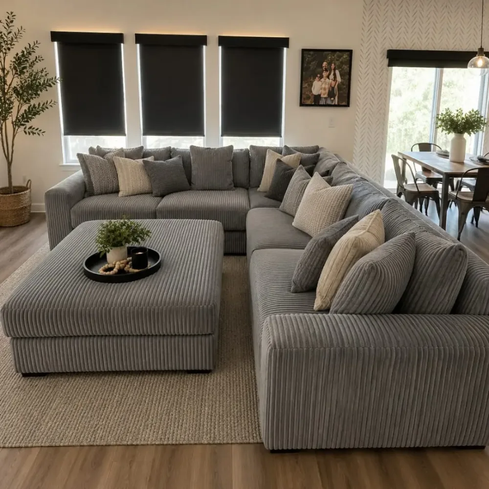 Gray corduroy sectional filled with layered cream and gray pillows in a cozy living room