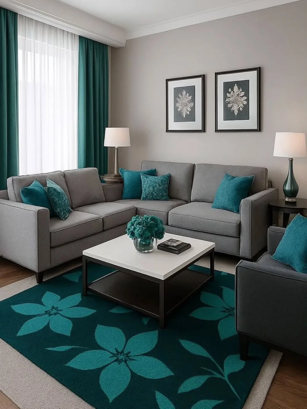 Gray sectional sofa decorated with teal pillows and a teal floral area rug