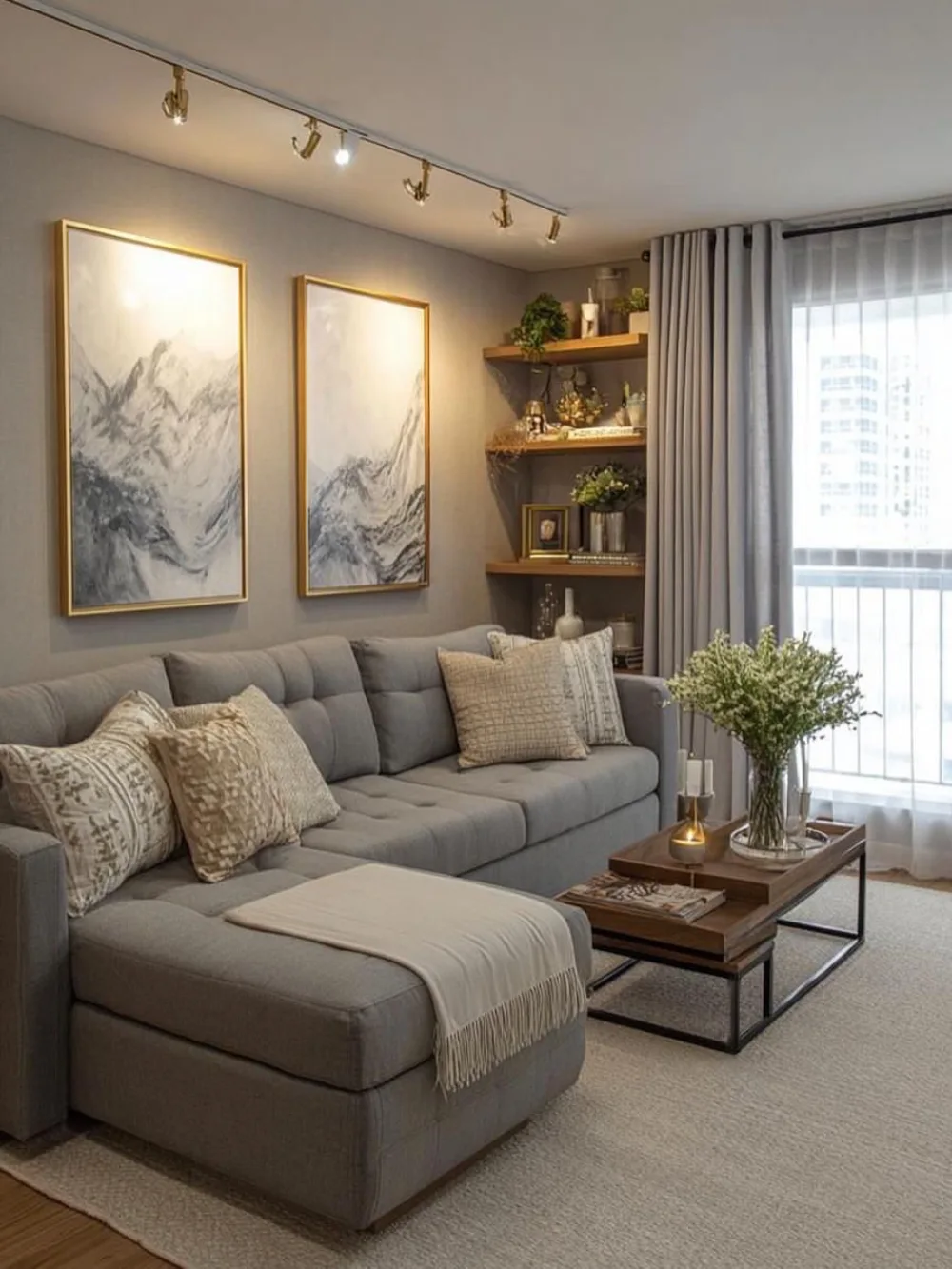 Gray sectional styled with beige pillows, wood accents, and warm neutral decor