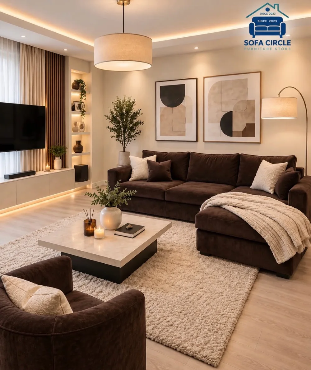 Dark brown sectional sofa layered with cream pillows, a textured rug, and soft lighting