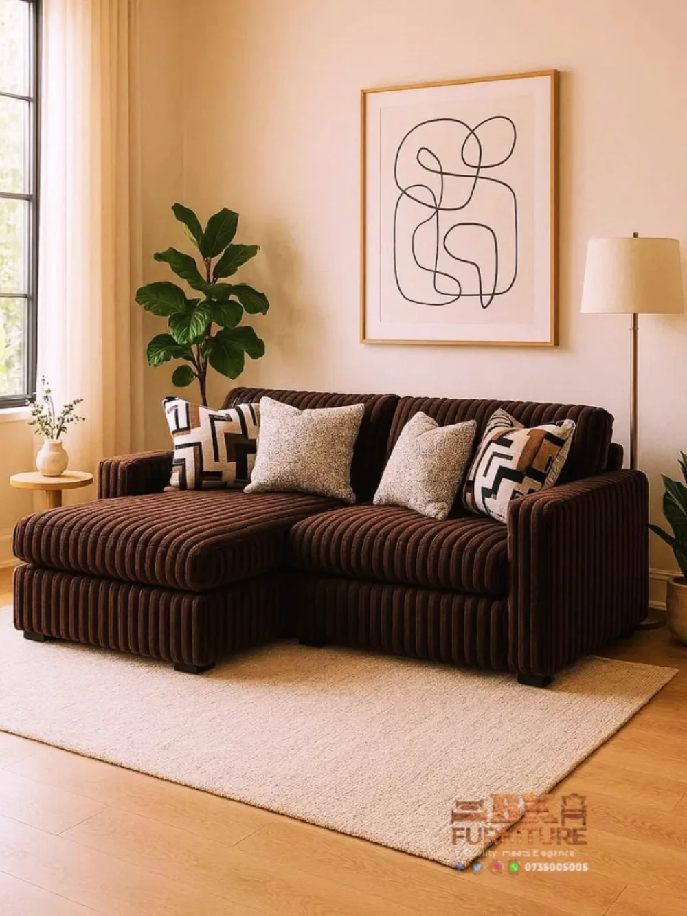 Dark brown channel tufted sofa with neutral pillows, cream rug, and warm beige walls